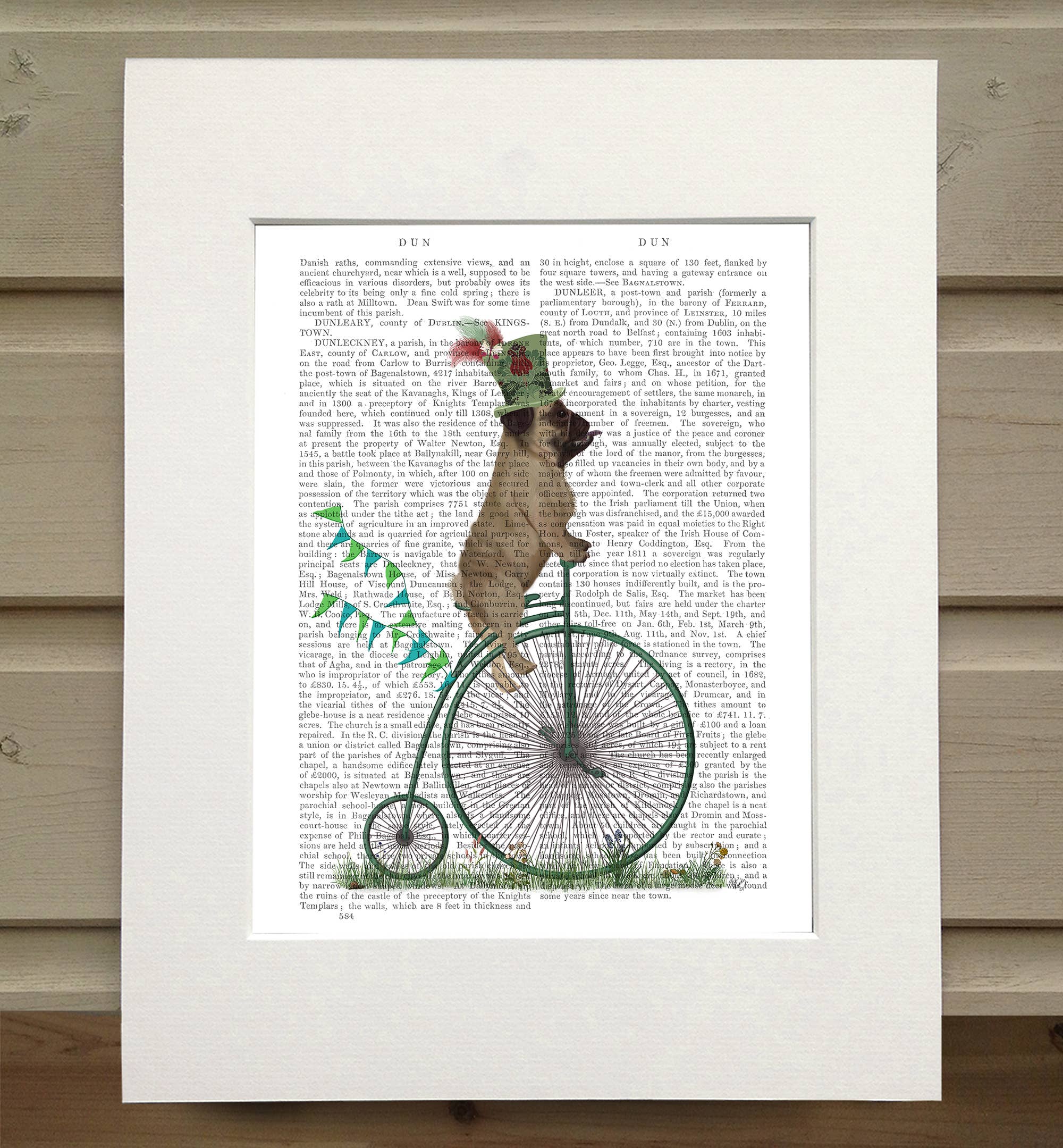 Pug Dog on Penny Farthing Bicycle Book | Matted Art Print