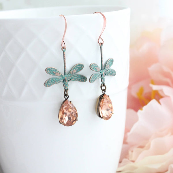 Peach + Copper Patina Dragonfly Earrings