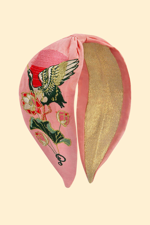 Satin Embroidered Headband | Crane at Sunrise in Petal