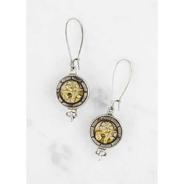 Silver Antique Button Fleur De Lis Earrings