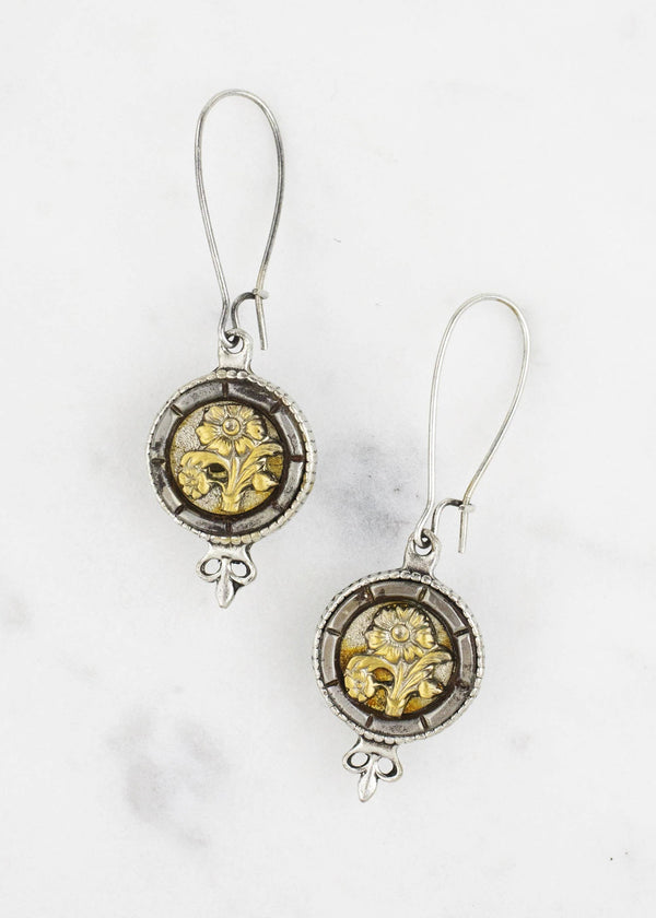 Silver Antique Button Fleur De Lis Earrings