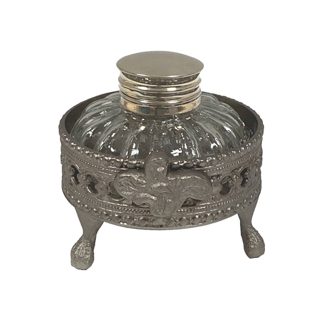 Pewter-Plated Inkwell Stand with Clear Glass Inkwell