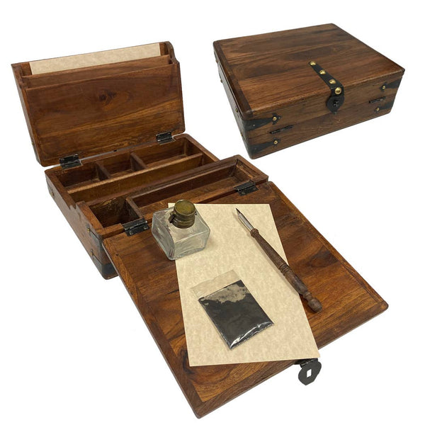 Antiqued Teak Wood Lap Desk Writing Set