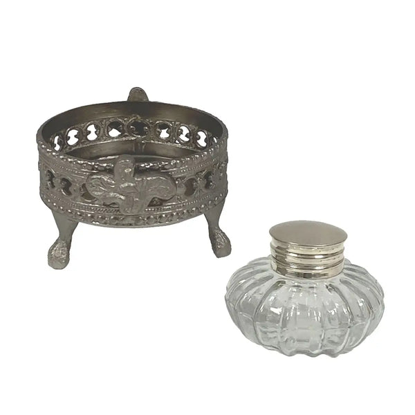 Pewter-Plated Inkwell Stand with Clear Glass Inkwell