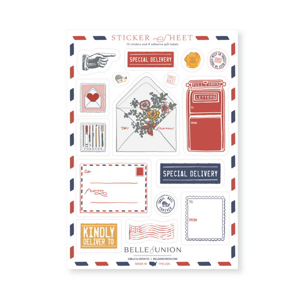 A sticker sheet with various designs including envelopes, stamps, and gift labels, predominantly in red, white, and blue colors.