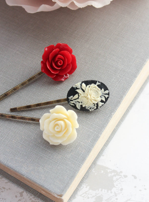 Red and Black Rose Bobby Pins {Set of 3}