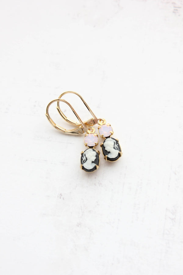 Tiny Lady Cameo Earrings in Black & Pink