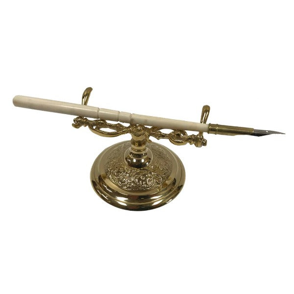 Ornate Polished Brass Writing Pen Holder with Bone Handle Nib Pen