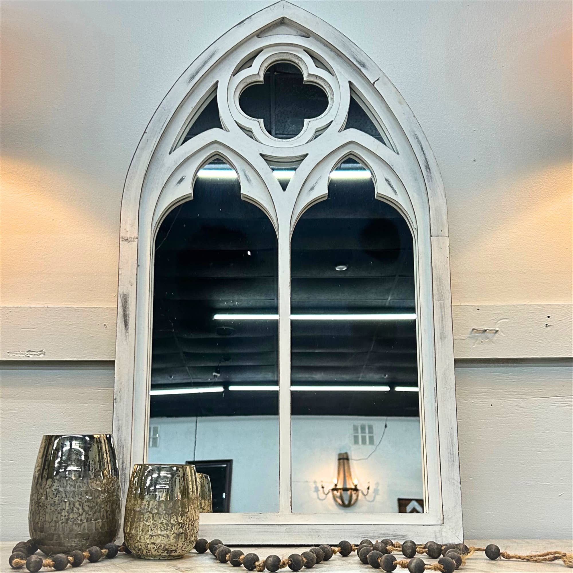 White Wooden Cathedral Windowed Mirror 20