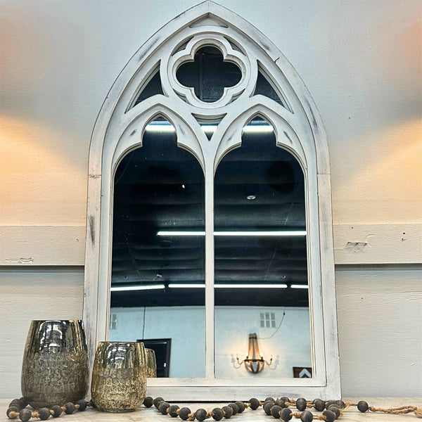 White Wooden Cathedral Windowed Mirror 20" x 34.5" x 1.25”
