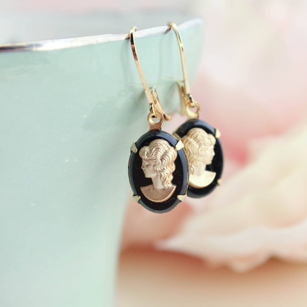 Black and Gold Cameo Earrings