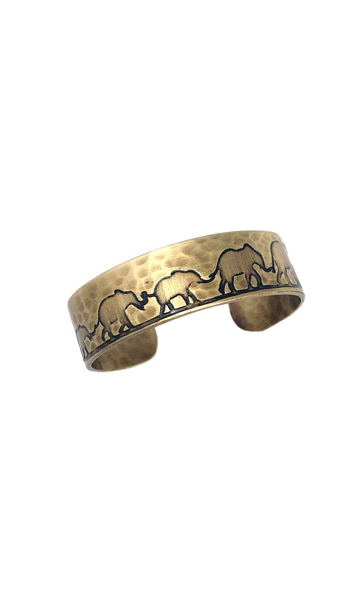 Elephant Family Brass Engraved Cuff Bracelet