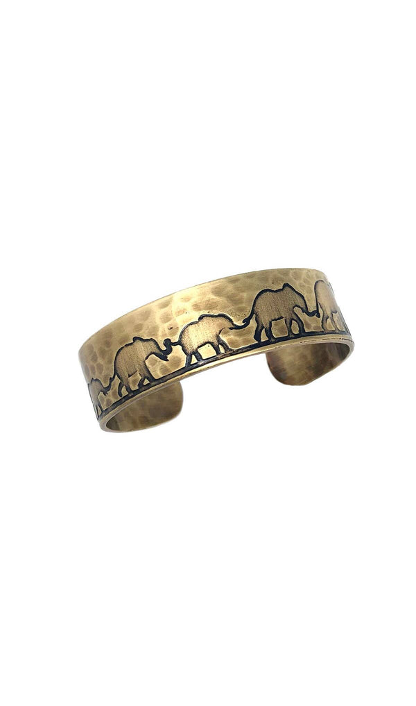 Elephant Family Brass Engraved Cuff Bracelet