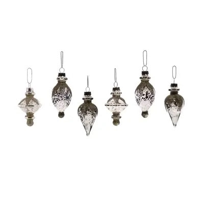 Classic Glass Ornaments | Set of 6, Assorted | Antique Silver Glittered
